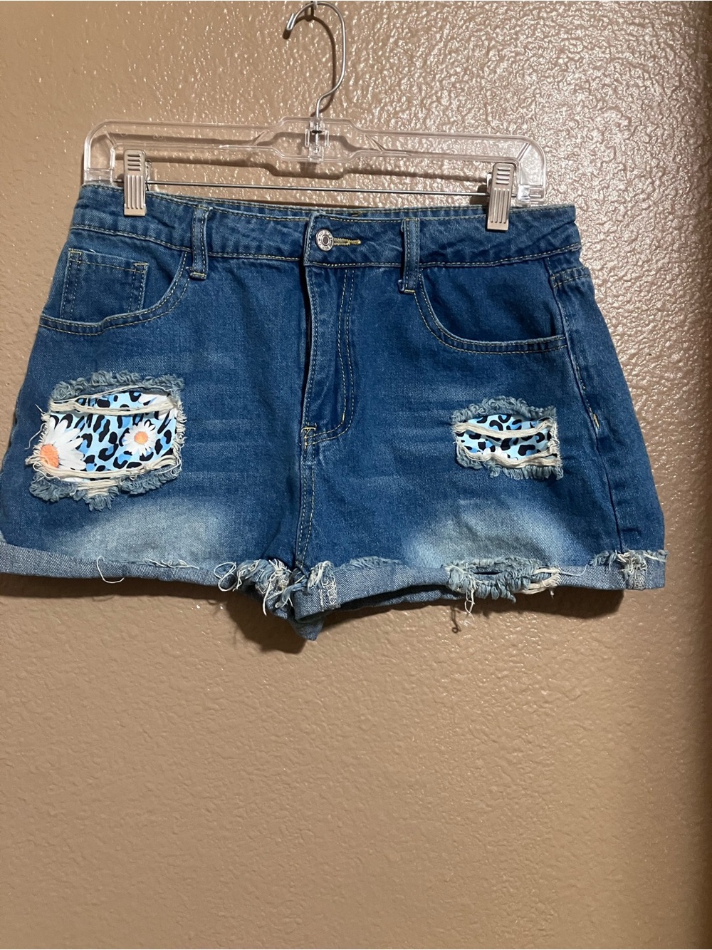 Source Unknown Blue Denim Shorts with Light Blue Leopard Patches